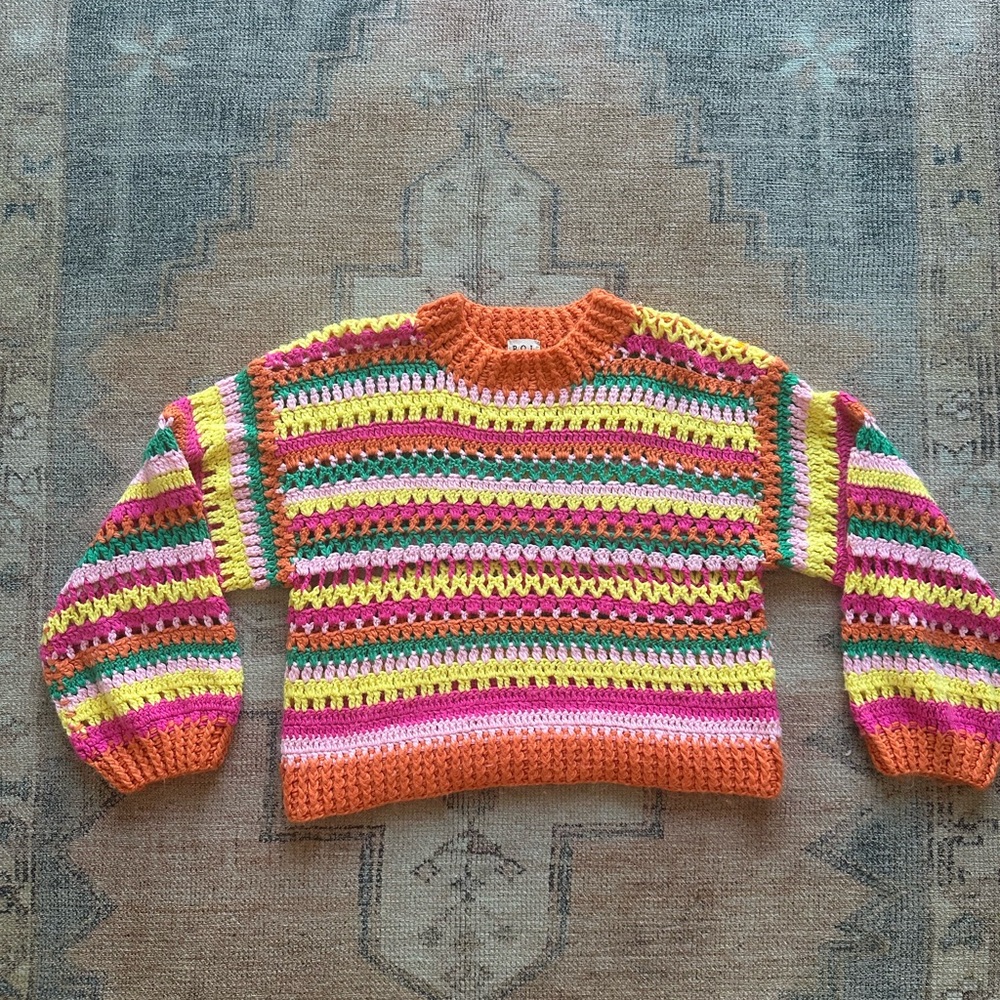 POL Multicolor Striped Crochet Crew Neck Sweater
